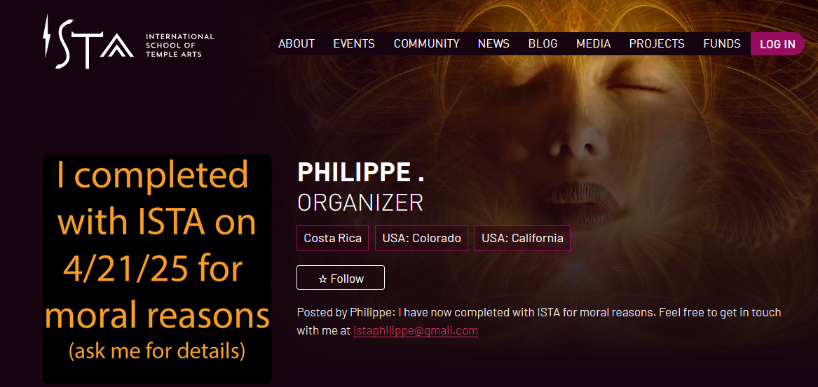 Screenshot of a post by Philippe Lewis, former ISTA organizer, on leaving for moral reasons.
