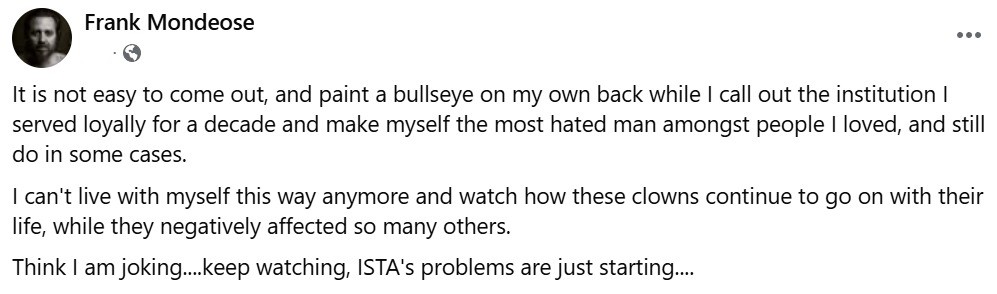 Screenshot of a post by Frank Mondeose, former ISTA lead facilitator, on how it is not easy coming out.