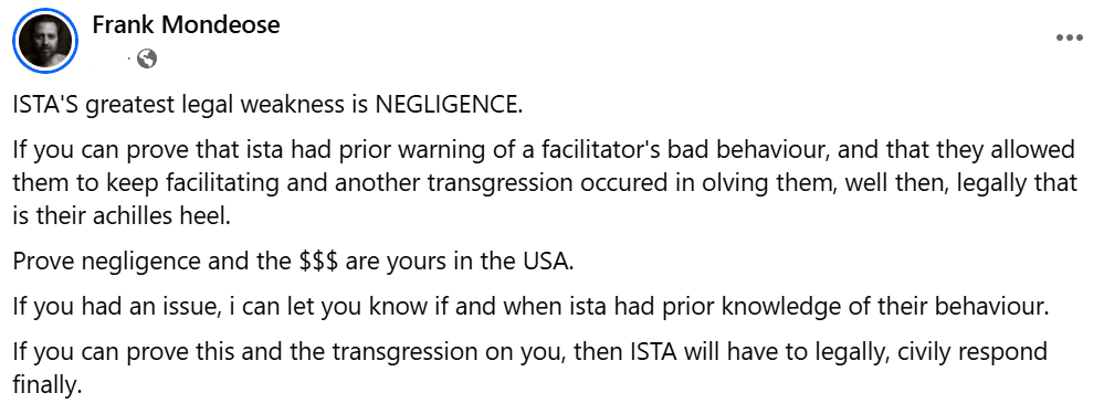 Screenshot of a post by Frank Mondeose, former ISTA lead facilitator, on ISTA&rsquo;s greatest legal weakness.