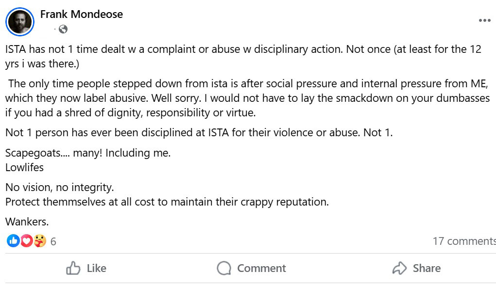 Screenshot of a post by Frank Mondeose, former ISTA lead facilitator.