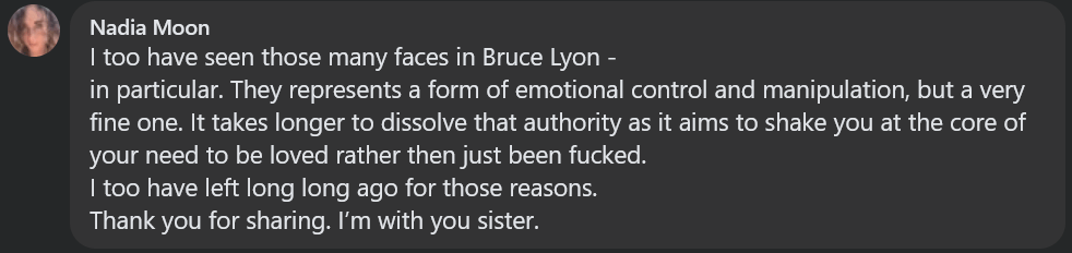 Screenshot of a post by Nadia Moon, former ISTA organizer, about Bruce Lyon.