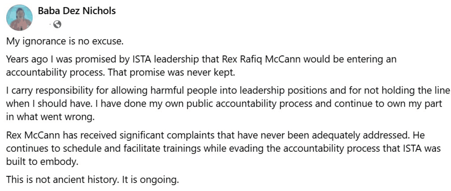 Screenshot of a social-media post by Baba Dez, founder of ISTA, about Rex McCann.